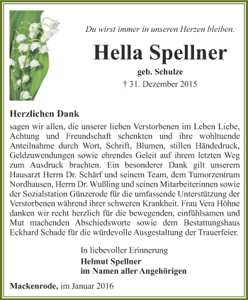 Traueranzeige von Hella Spellner von Thüringer Allgemeine