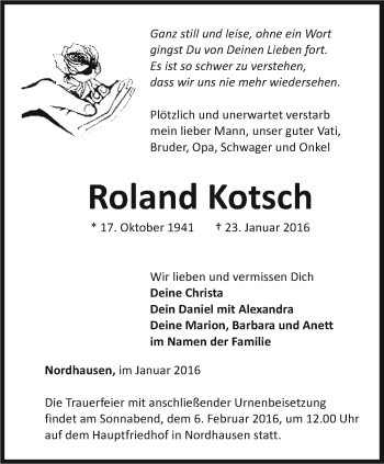 Traueranzeige von Roland Kotsch von Thüringer Allgemeine
