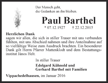 Traueranzeige von Paul Barthel von Thüringer Allgemeine, Thüringische Landeszeitung