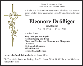 Traueranzeige von Eleonore Drößiger von Ostthüringer Zeitung