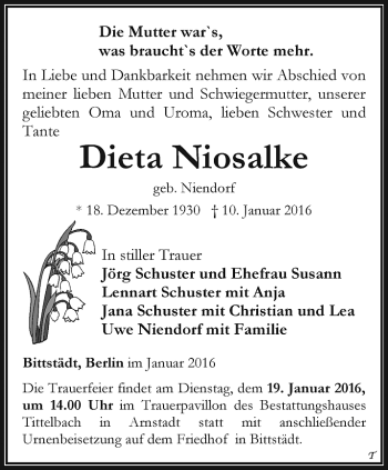 Traueranzeige von Dieta Niosalke von Thüringer Allgemeine