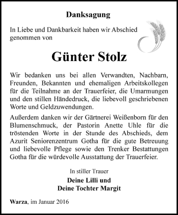 Traueranzeige von Günter Stolz von Ostthüringer Zeitung, Thüringische Landeszeitung