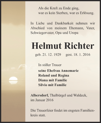 Traueranzeige von Helmut Richter von Ostthüringer Zeitung