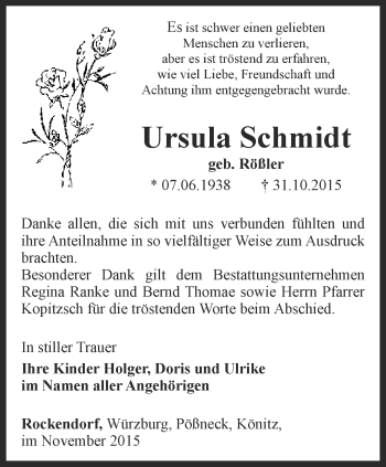 Traueranzeige von Ursula Schmidt von Ostthüringer Zeitung