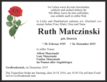 Traueranzeige von Ruth Matczinski von Thüringer Allgemeine