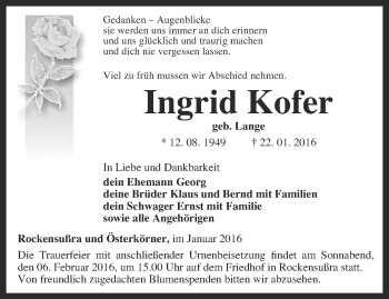 Traueranzeige von Ingrid Kofer von Thüringer Allgemeine