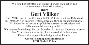 Traueranzeige von Gert Völker von Ostthüringer Zeitung, Thüringische Landeszeitung