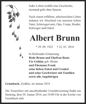 Traueranzeige von Albert Brunn von Thüringer Allgemeine, Thüringische Landeszeitung