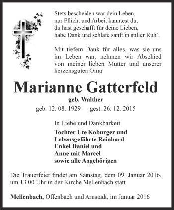 Traueranzeige von Marianne Gatterfeld von Ostthüringer Zeitung