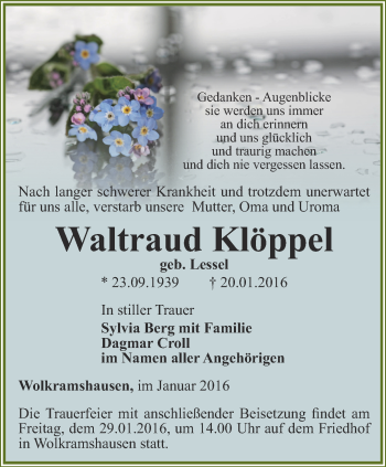 Traueranzeige von Waltraud Klöppel von Thüringer Allgemeine