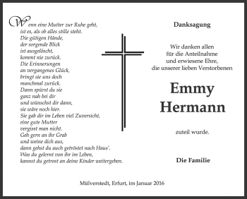 Traueranzeige von Emmy Hermann von Thüringer Allgemeine, Thüringische Landeszeitung