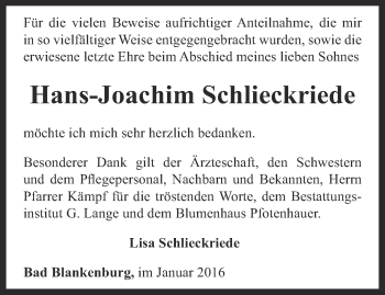 Traueranzeige von Hans-Joachim Schlieckriede von Ostthüringer Zeitung