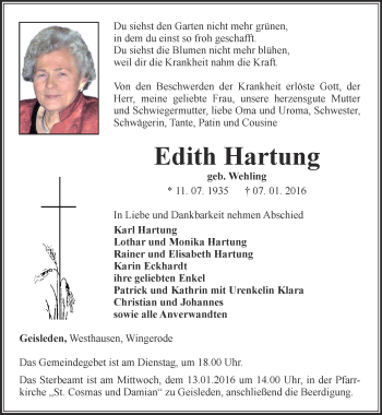 Traueranzeige von Edith Hartung von Thüringer Allgemeine