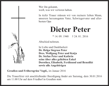 Traueranzeige von Dieter Peter von Thüringer Allgemeine