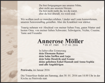 Traueranzeige von Annerose Möller von Ostthüringer Zeitung, Thüringische Landeszeitung