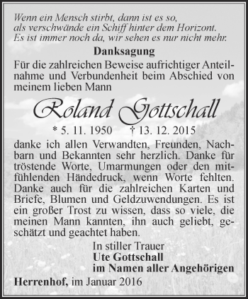 Traueranzeige von Roland Gottschall von Ostthüringer Zeitung, Thüringische Landeszeitung