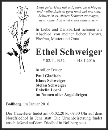 Traueranzeige von Ethel Schweiger von Ostthüringer Zeitung, Thüringische Landeszeitung