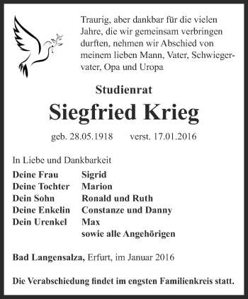 Traueranzeige von Siegfried Krieg von Thüringer Allgemeine, Thüringische Landeszeitung
