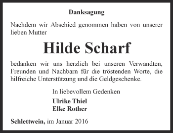 Traueranzeige von Hilde Scharf von Ostthüringer Zeitung