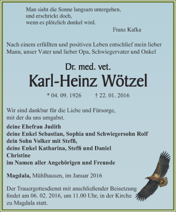 Traueranzeige von Karl-Heinz Wötzel von Thüringer Allgemeine, Thüringische Landeszeitung