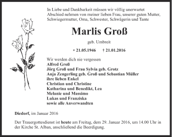 Traueranzeige von Marlis Groß von Thüringer Allgemeine, Thüringische Landeszeitung