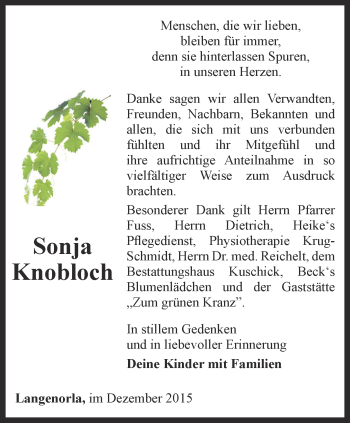 Traueranzeige von Sonja Knobloch von Ostthüringer Zeitung