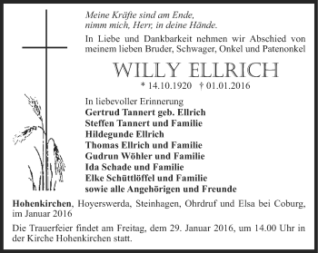 Traueranzeige von Willy Ellrich von Ostthüringer Zeitung, Thüringische Landeszeitung