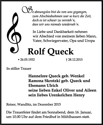 Traueranzeige von Rolf Queck von Thüringer Allgemeine, Thüringische Landeszeitung