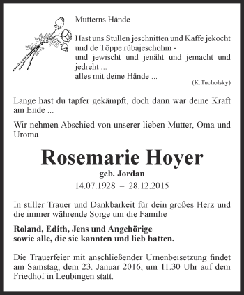 Traueranzeige von Rosemarie Hoyer von Thüringer Allgemeine