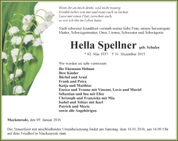 Traueranzeige von Hella Spellner von Thüringer Allgemeine