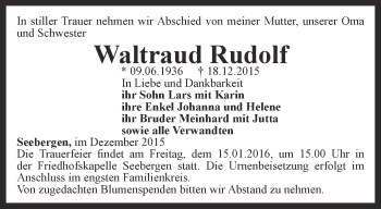 Traueranzeige von Waltraud Rudolf von Ostthüringer Zeitung, Thüringische Landeszeitung