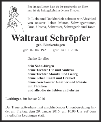 Traueranzeige von Waltraut Schröpfer von Thüringer Allgemeine