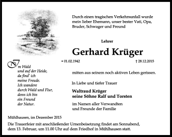 Traueranzeige von Gerhard Krüger von Thüringer Allgemeine, Thüringische Landeszeitung