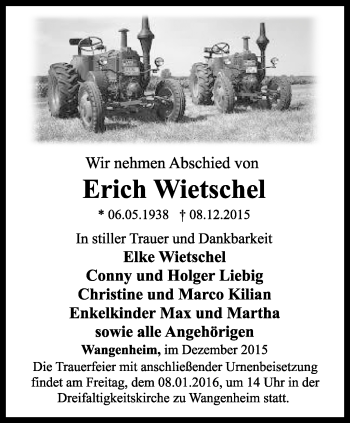 Traueranzeige von Erich Wietschel von Ostthüringer Zeitung, Thüringische Landeszeitung