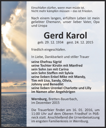 Traueranzeige von Gerd Karol von Ostthüringer Zeitung