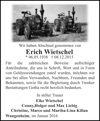 Traueranzeige von Erich Wietschel von Ostthüringer Zeitung, Thüringische Landeszeitung