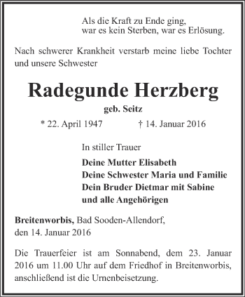 Traueranzeige von Radegunde Herzberg von Thüringer Allgemeine