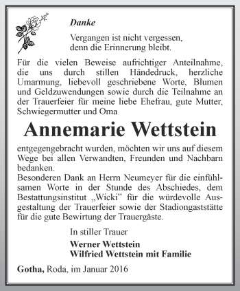 Traueranzeige von Annemarie Wettstein von Thüringer Allgemeine