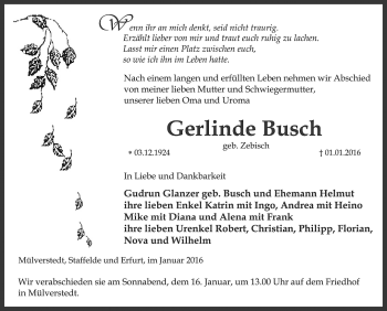 Traueranzeige von Gerlinde Busch von Thüringer Allgemeine, Thüringische Landeszeitung