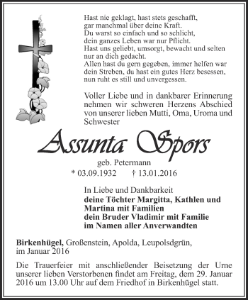 Traueranzeige von Assunta Spors von Ostthüringer Zeitung