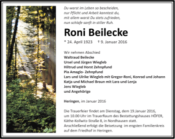 Traueranzeige von Roni Beilecke von Thüringer Allgemeine