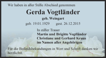 Traueranzeige von Gerda Vogtländer von Thüringer Allgemeine, Thüringische Landeszeitung