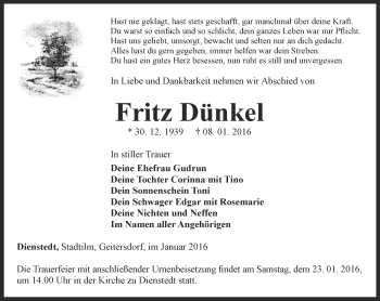 Traueranzeige von Fritz Dünkel von Thüringer Allgemeine