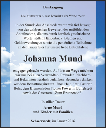 Traueranzeige von Johanna Mund von Thüringer Allgemeine, Thüringische Landeszeitung