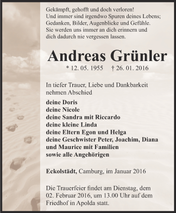 Traueranzeige von Andreas Grünler von Thüringer Allgemeine, Thüringische Landeszeitung