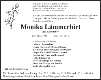 Traueranzeige von Monika Lämmerhirt von Thüringer Allgemeine, Thüringische Landeszeitung