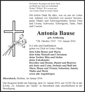 Traueranzeige von Antonia Bause von Thüringer Allgemeine