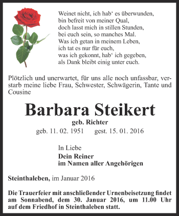 Traueranzeige von Barbara Steikert von Thüringer Allgemeine