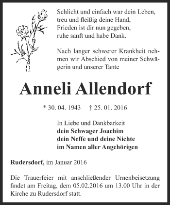 Traueranzeige von Anneli Allendorf von Thüringer Allgemeine