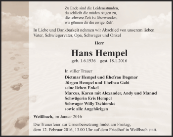 Traueranzeige von Hans Hempel von Ostthüringer Zeitung
